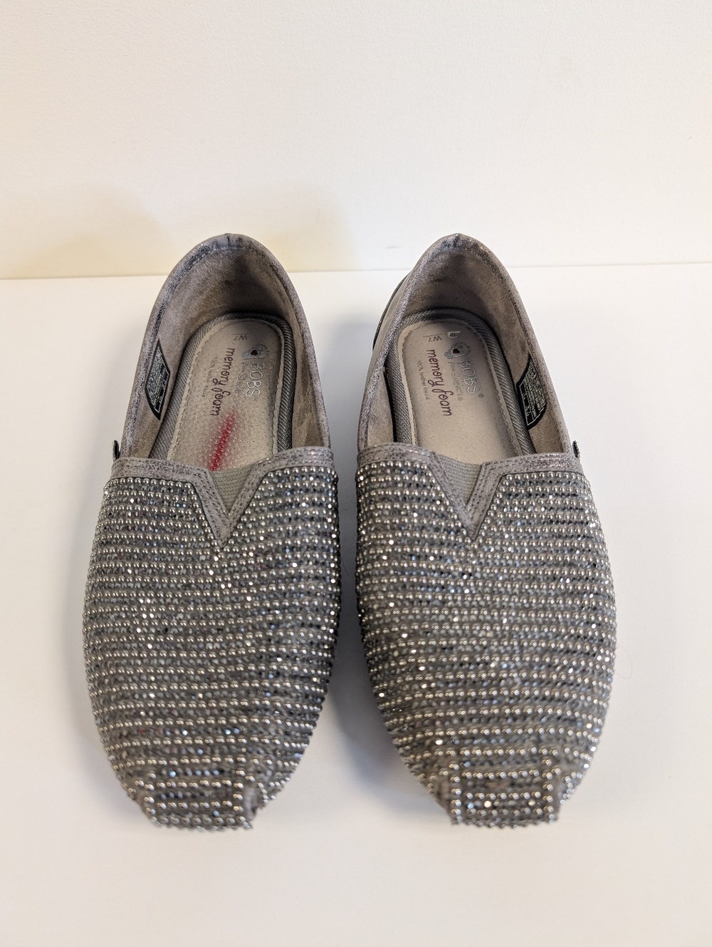 BOBS Skechers Rhinestone Slip On Flats Shoes Pewter Sparkle Memory Foam Comfy 7 - Picture 5 of 14